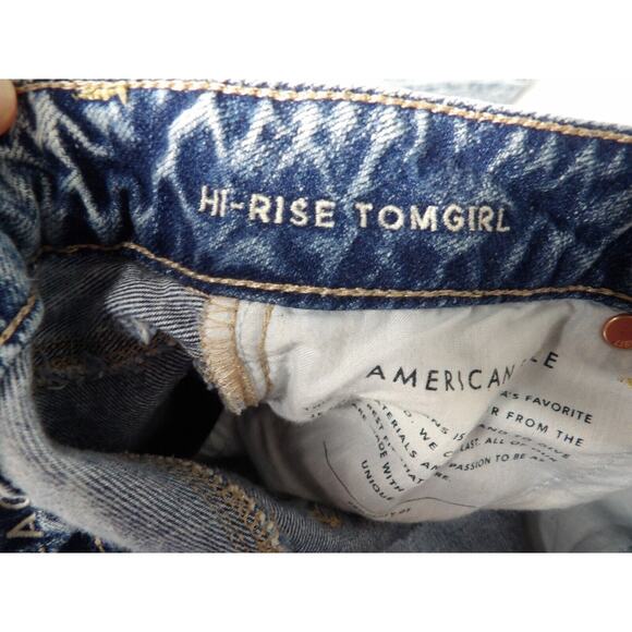 American Eagle Hi Rise Tom Boy Sz 4 Jeans Lace Light Wash Eyelet Y2K Distressed - Picture 4 of 16